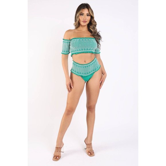 Women Embroidered Smocking Cold Shoulder RuffleBandeau Bikini Swimwear Beachwear - Picture 10 of 11